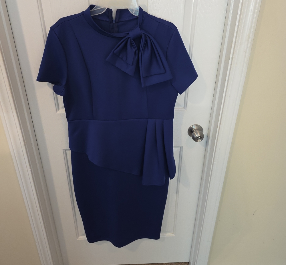 Elegant Royal Blue Short Sleeve Sheath Dress with Bow